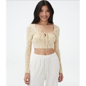 Aeropostale Pointelle Knit Floral Long Sleeve‎ Tie Front Crop Top Size Medium